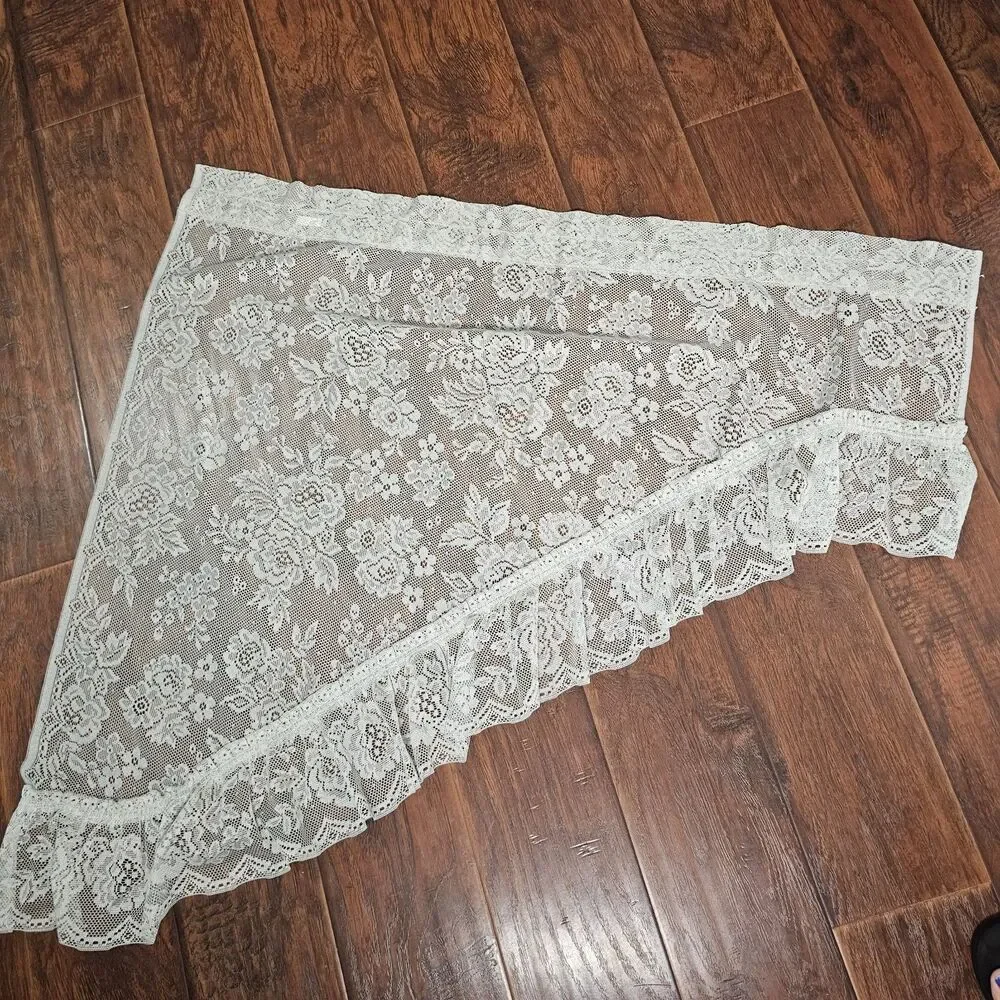 Vintage Light Gray Floral Lace Swag Curtains with Rose Pattern & Ruffle Trim